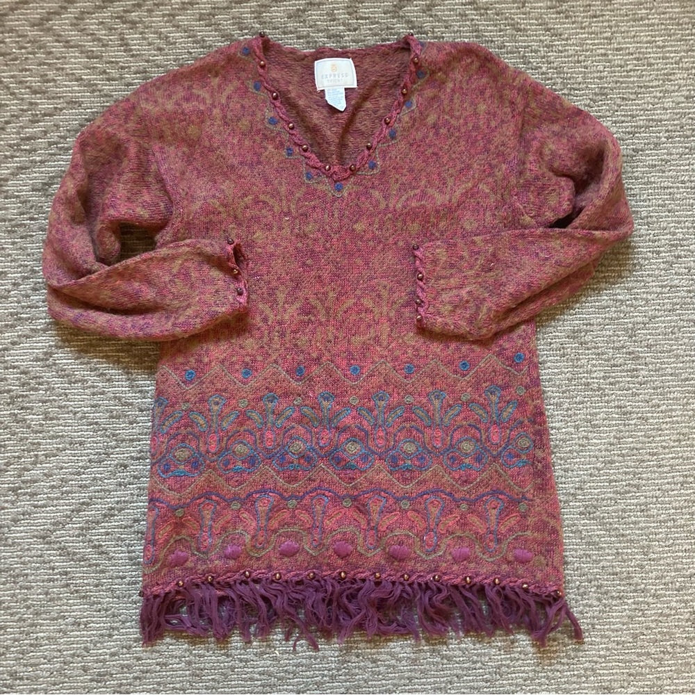 Express Tricot vintage sweater mohair blend fringe beaded boho